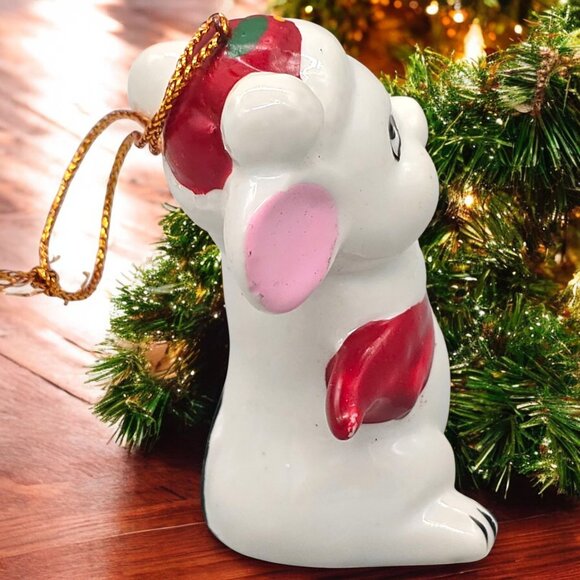 Vtg Ceramic Mouse Christmas Ornament Holding Goldtone Bell 3" Hand-Painted 1980s - Picture 2 of 8